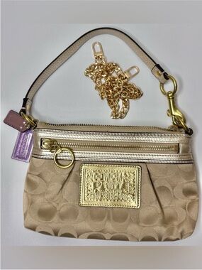 Coach Poppy Beige and Gold Signature Convertible Mini Bag with Chain